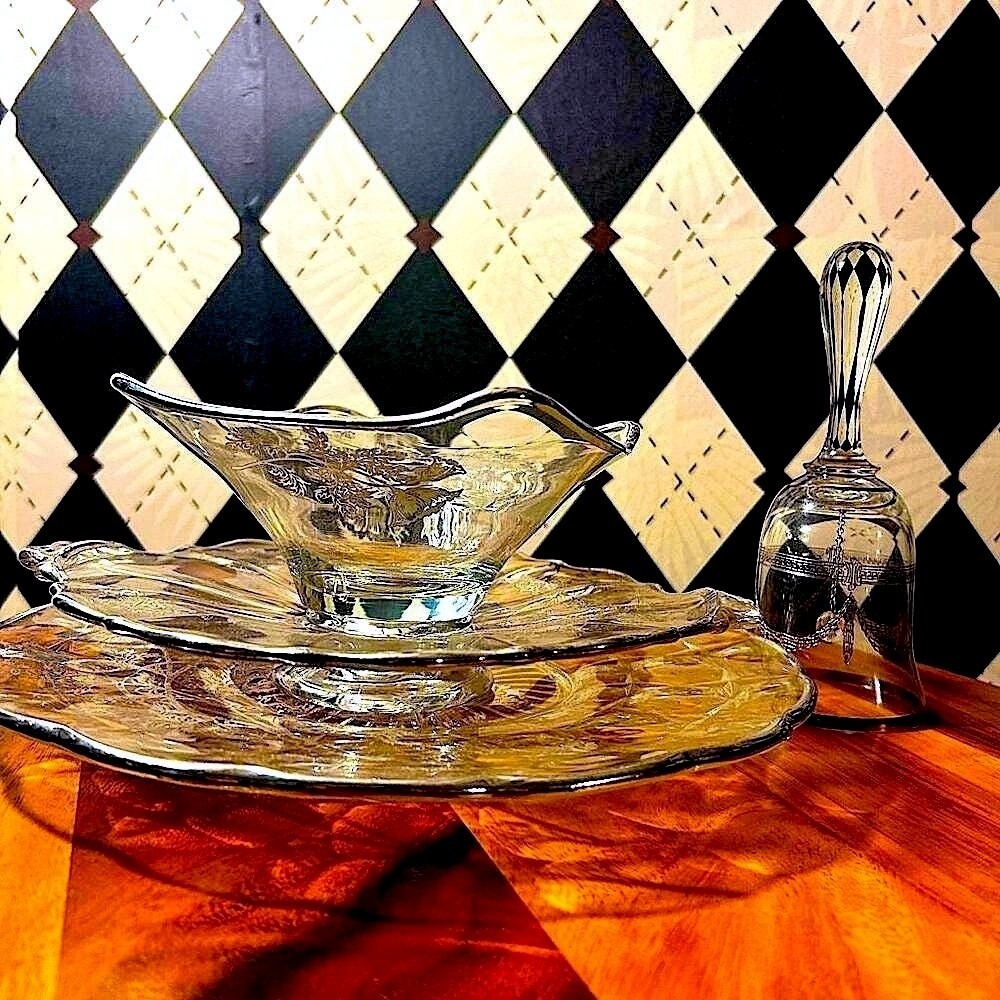 Vintage Silver Inlay Glassware Set | Bell, Serving Plate, Bowl & Tray - Picture 3 of 9